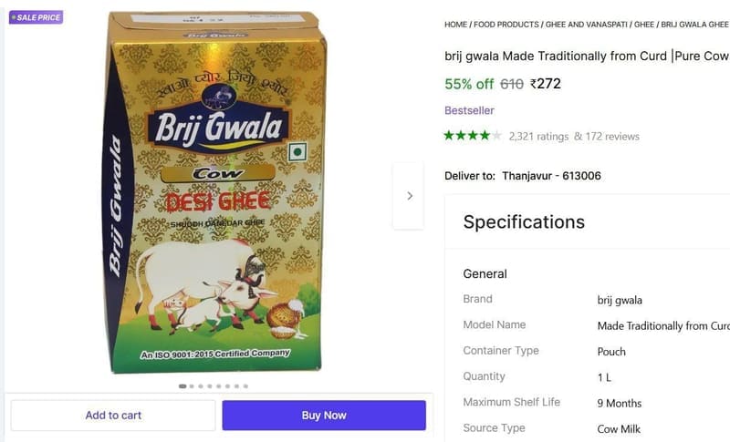 1Ltr Pure Cow Ghee  ₹272
