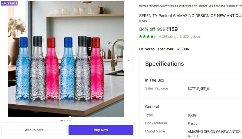 Pack of 6 Water Bottle at ₹159