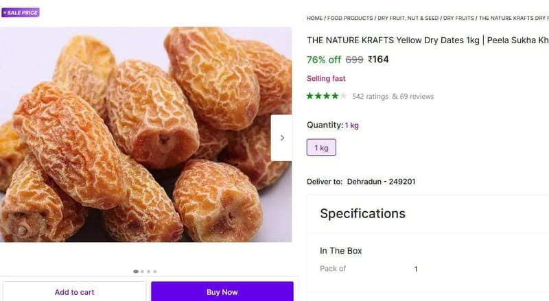 Yellow Dry Dates 1kg  ₹164