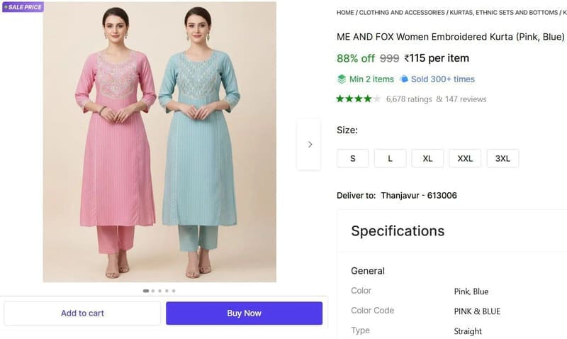 Women Embroidered Kurta  ₹115