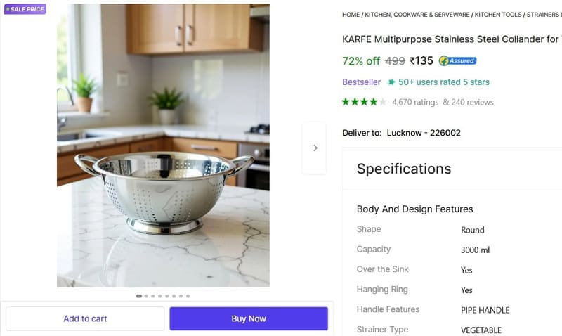 🔥  Stainless Steel Collander @ ₹135