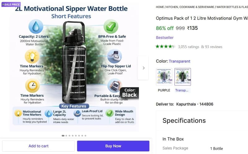 🔥  Transparent 2L Water Bottle at ₹135