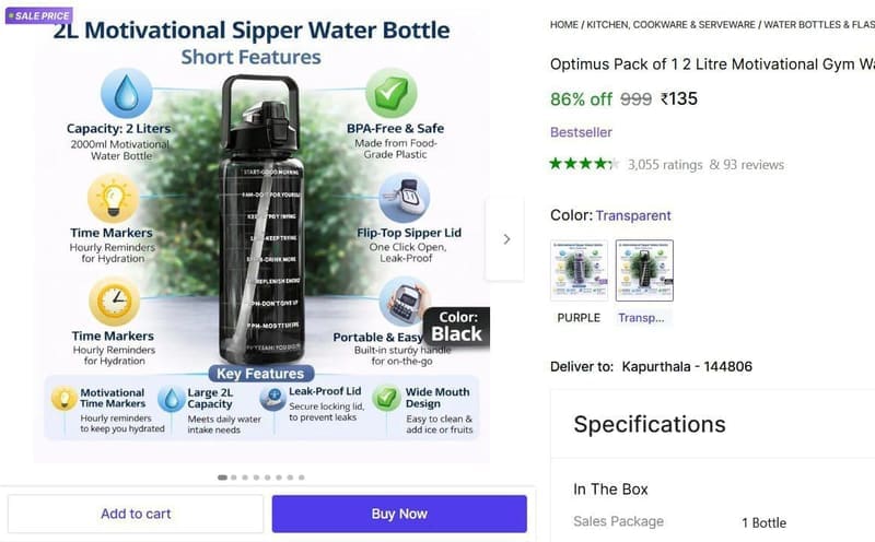 Transparent 2L Water Bottle at ₹135