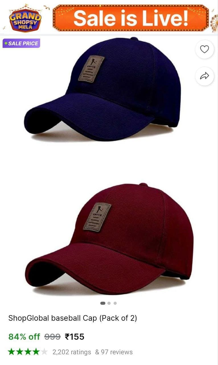 🔥  Men's Cap, Pack of 2 @ ₹155