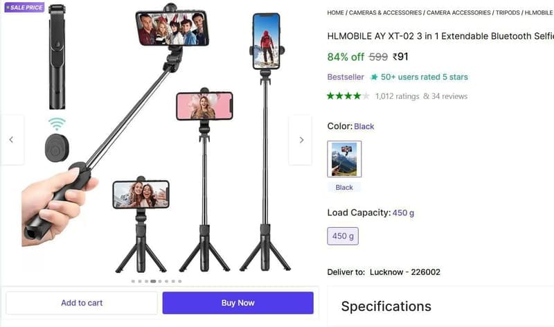 💥 Grab : Bluetooth Selfie Stick @ ₹91