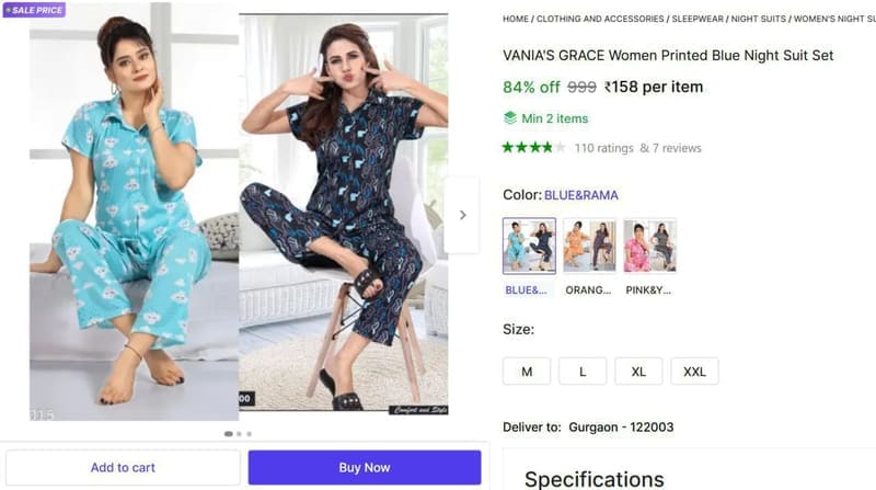 🔥  Women Printed Night Suit @ ₹158