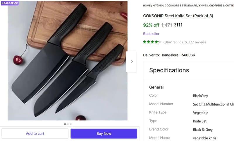 🔥  Steel Knife Set (Pack of 3) @ ₹111