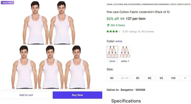 💥 Men's Cotton Fabric Undershirt @ ₹37