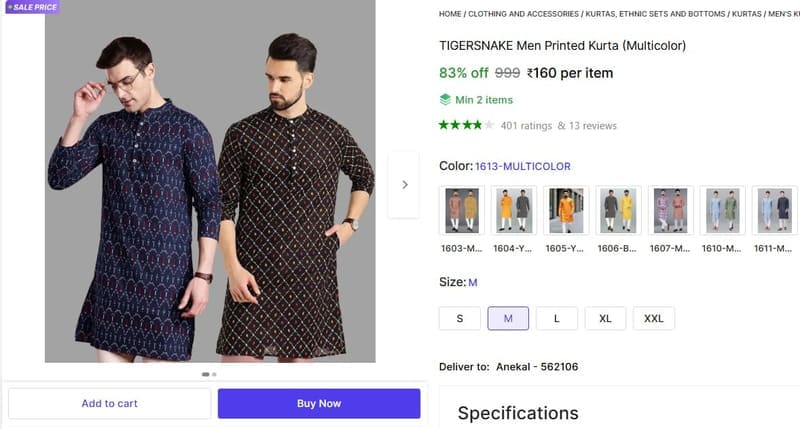 🔥  Men Printed Kurta @ ₹160