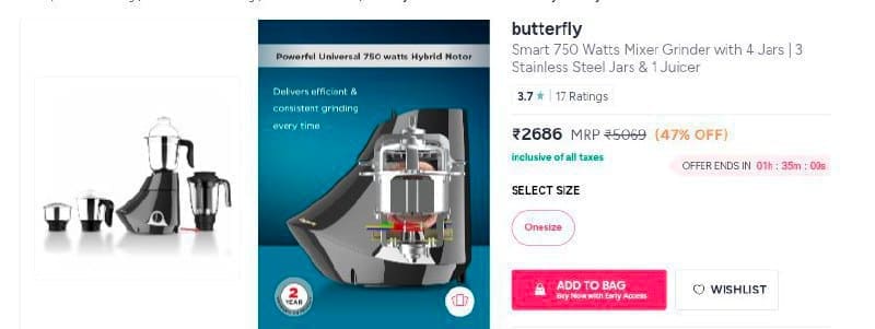 Myntra | Butterfly Smart 750W Mixer Grinder (4 Jars) @ ₹2686