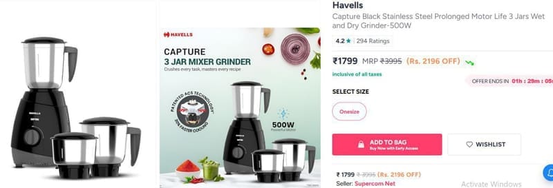 Myntra : Havells Capture Mixer grinder at 1799 + extra coupon discounts! Crazy deal 🎉🔥