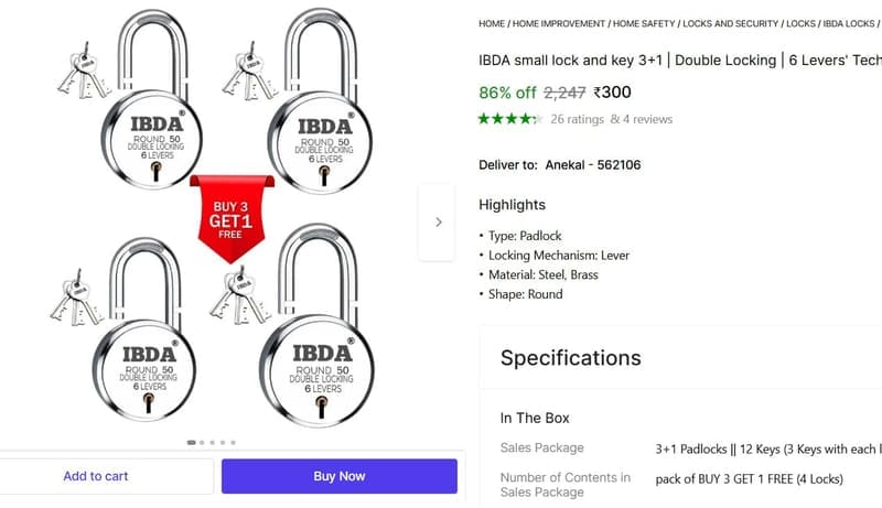 🔥  Pack of 4 Padlock with Keys at ₹290