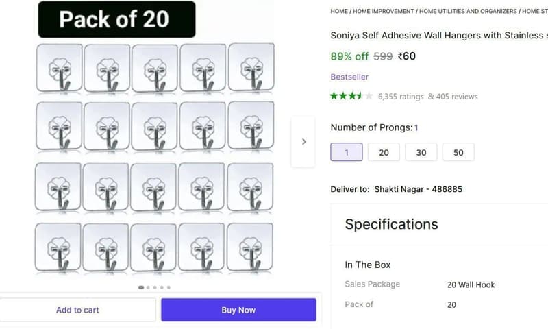 💥 Grab : Pack Of 20 Wall Hooks @ ₹60