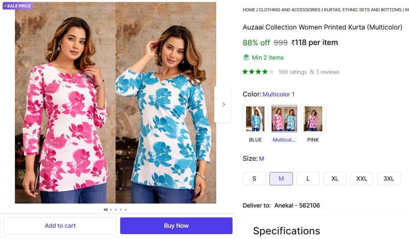 🔥  Women Printed Kurta @ ₹118