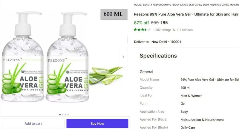 💥 Pure Aloe Vera Gel, 600ml @ ₹85