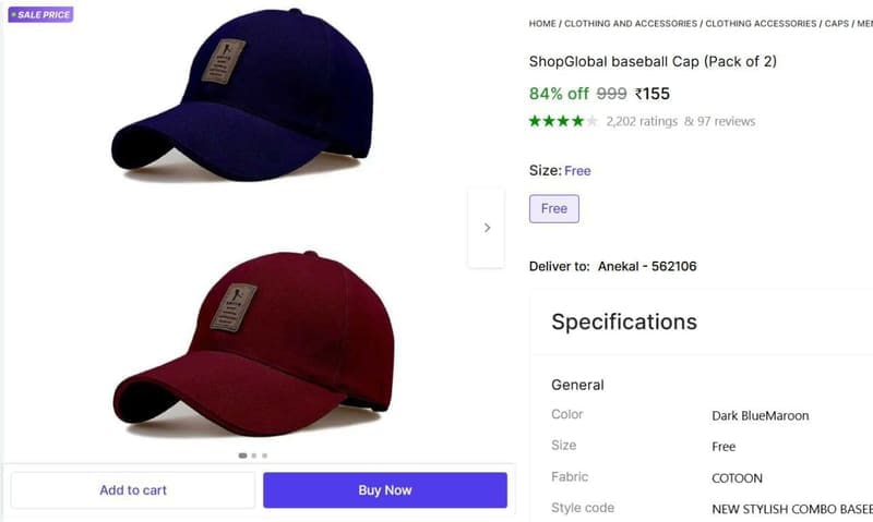 GRAB : Pack of 2 Cap at ₹155