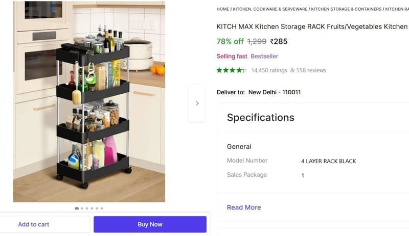 4 Tier Storage Rack with Wheel  ₹285
