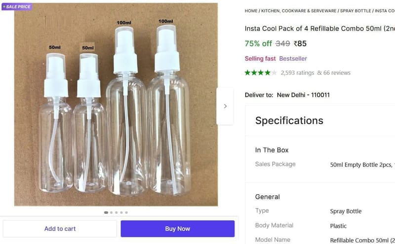 💥 Refillable Spray Bottle 4 Pcs @ ₹85