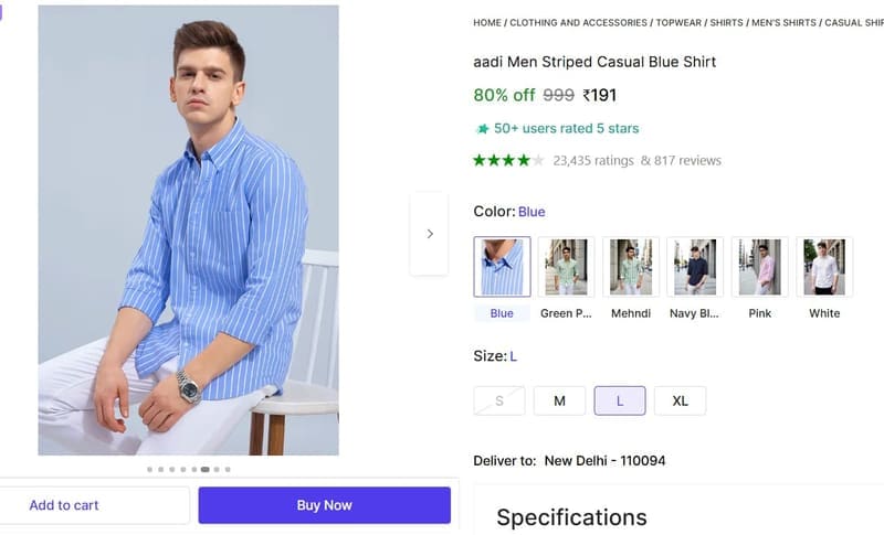 🔥  Men Striped Casual Blue Shirt @ ₹191