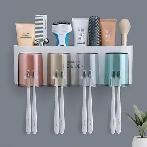 🛒 Megharsh Megharsh Wall Mounted Toothbrush Holder for Bathroom - Stickable Brush Stand with Cover Tooth Brush & Paste Holder for Bathroom Multi.