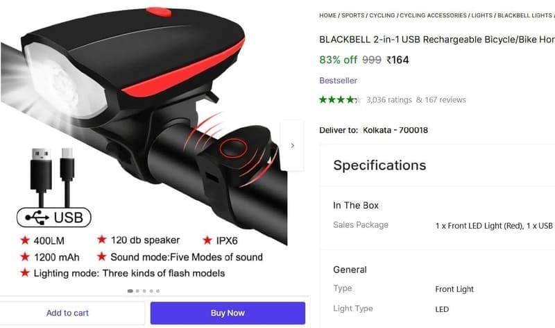 🔥  Rechargeable Bicycle/Bike Horn LED Front Light @ ₹164
