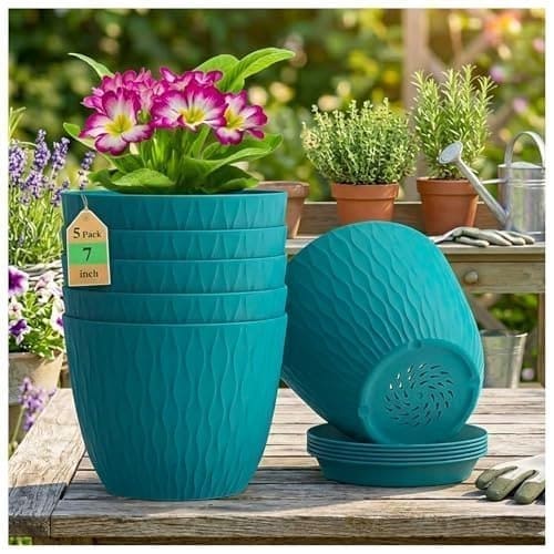 🛒 Eightiz (Pack of 5 6 Inch Plastic Flower Pots for Indoor & Outdoor Terrace,Garden Plants Decorative Planters with Drainage Holes & Matching Saucers Durable & Lightweight (Bluegreen)