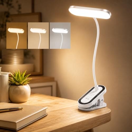 🛒 One94Store FlexiBeam Design Rechargeable LED Clip Lamp | Wide Beam Flexible Desk & Bedside Light | USB Powered Study & Reading Lamp with Clamp Base | White