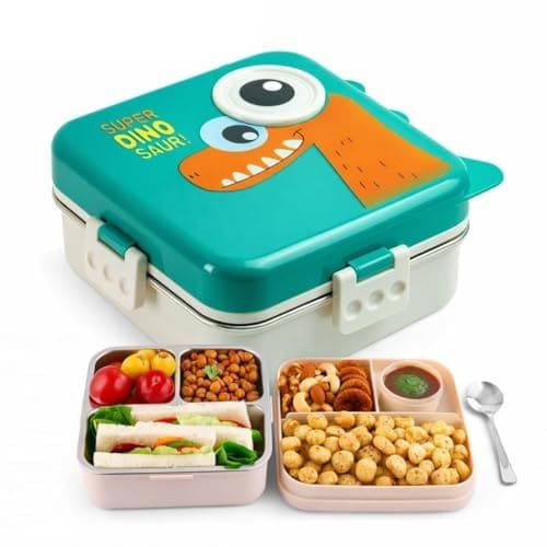 🛒 TEC TAVAKKAL Super Dinosaur Green Kids Lunch Box – Stainless Steel Insulated Tiffin for School with Spoon, BPA-Free | Leak-Resistant Bento Box with Tray & Container | 1120ml + 70ml (Dinosaur, Green)