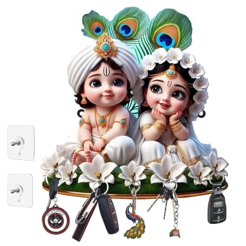🛒 Webelkart Premium Cute Radha Krishna Key Holder for Home/Office Decor | 3D UV Printed Wooden Key Hanger Decorative Key Chain Holder (10 x 10 Inches)