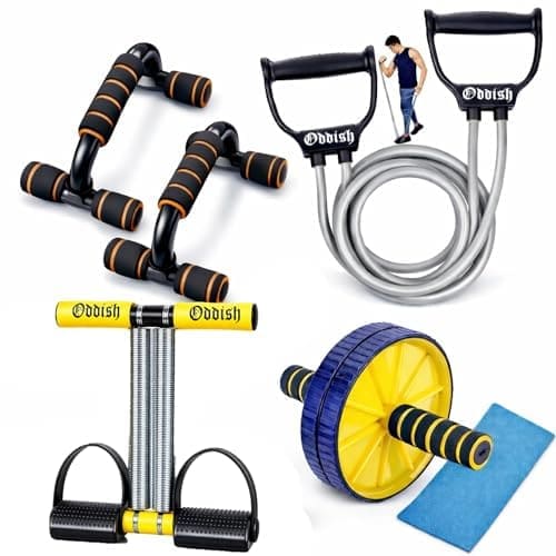 🛒 ODDISH Way to Fitness 4-in-1 Home Gym Fitness Combo – Tummy Trimmer, Ab Roller Wheel with Knee Mat, Resistance Tube & Push-Up Bars – Yellow – Standard Size