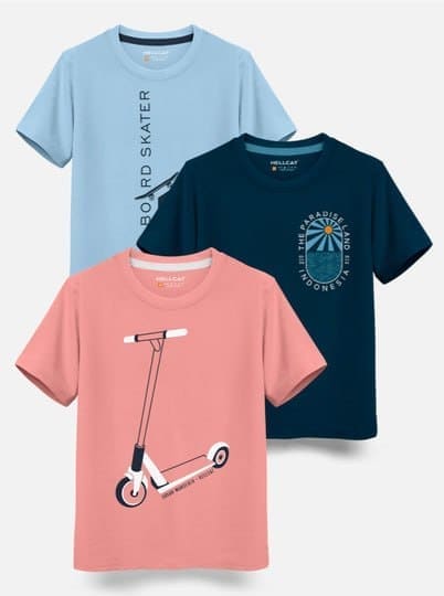 🔥 HELLCAT Boys Pack of 3 Printed Cotton T-