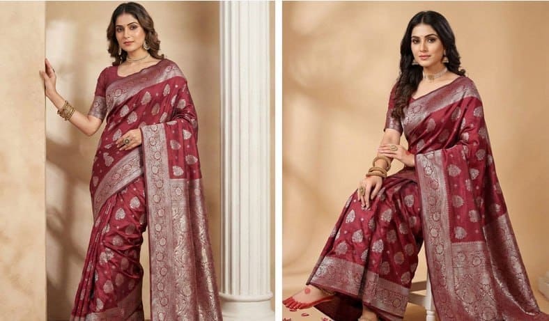 🔥 Dhaaga Ghar Sutriti Deep Burgundy Soft Silk Saree 🌹✨