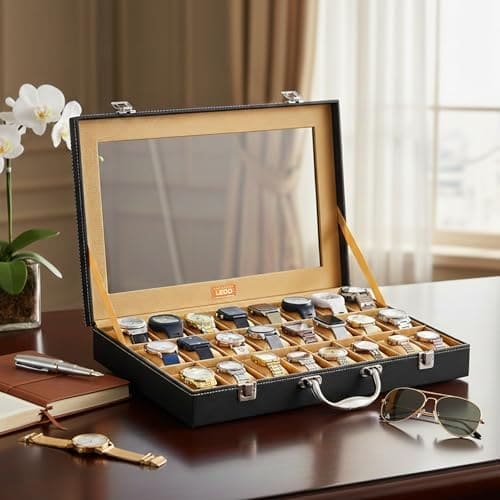 🛒 LEDO Men's and Women's Watch Box Holder Organizer Case In 24 Slots of Watches In PU Leather with Black & Cream