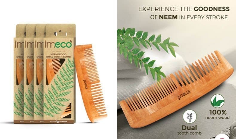 🔥 IMECO Set of 4 Dual Tooth Neem Wooden Combs 🌿✨