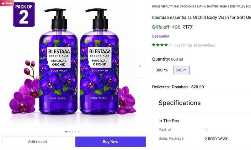🔥  blestaaa essentialss Body Wash, (600 ml) @ ₹177