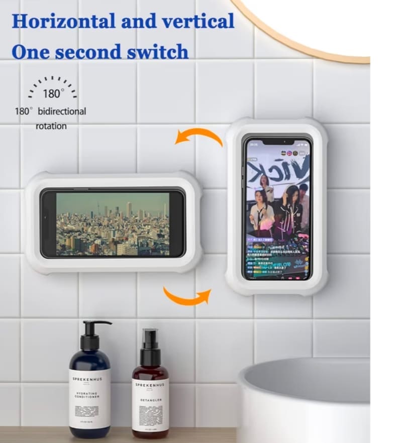 Mistriddle Waterproof Shower Phone Holder with 360 Rotation, Angle Adjustable, Wall Mounted Phone Holder for Bathroom Mirror Bathtub Kitchen, Up to 6.8 Inch (Upgraded