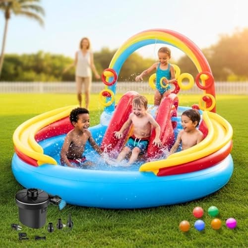 🛒 Toy Imagine 9.5ft Big lnflatable Rainbow Ring waterslide & Sprayer Fountain waterpark Play Center with Pump Fun Splash Kiddie Pool with 6 Colorful Balls