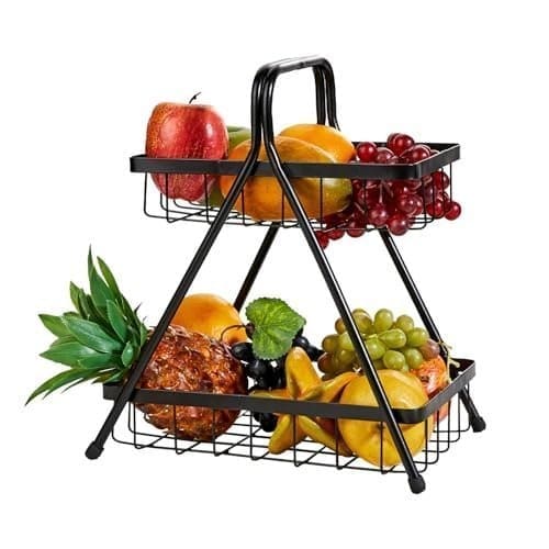 🛒 Amazon Brand - Solimo High Grade Metal 2-Tier Fruit & Vegetable Basket | Iron | Black Powder-Coated Finish | Space-Saving Kitchen Organizer