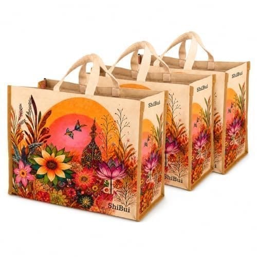🛒 SHIBUI Big Heavy Duty Large Eco Waterproof Cotton Canvas Cloth Grocery Shopping Bag for Men Ladies Vegetable Milk Fruits with Hand Carry Handle Lunch Box Jhola Tote Bags (1, Flower Print)
