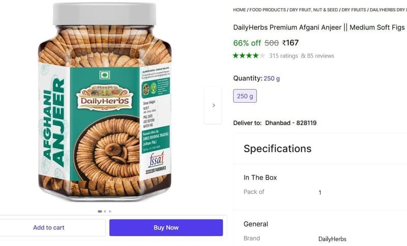 🔥  Premium Afgani Anjeer (1 x 250 g) @ ₹167