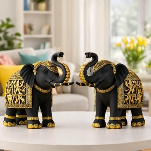 🛒 Furnisfox Decorative Elephant Showpiece Figurines, Black and Gold, Set of 2, Home Decor Statue with Traditional Design SIZE-23X9X20 CM