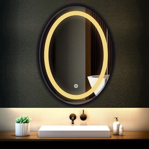 🛒 Khushi Decors LED Bathroom Wall Mirror with 3 Decorative Lights | Touch Sensor | Warm | Natural and Cool White | for Wash Basin | Bedroom | Dressing Area (Oval, 12x18)