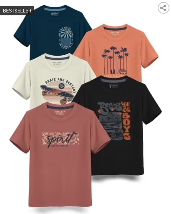 🔥 HELLCAT Pack of 5 Printed Crew-Neck T-Shirts 👕🔥