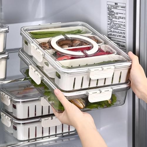 🛒 Vasukie Divided Fridge Storage Boxes With 4 Serving Veggie Tray with Lid and Handle, Fridge Organizer with Removable 4 Compartment, Fridge Storage Containers (4 Compartment-1PC)