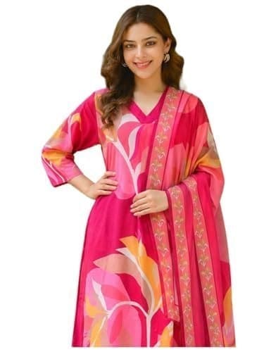 🛒 ANNI Designer Women's Cotton Blend Printed Straight Kurta with Pant and Dupatta for Women (TUMARI PINK-VKS01_S_Pink_S)