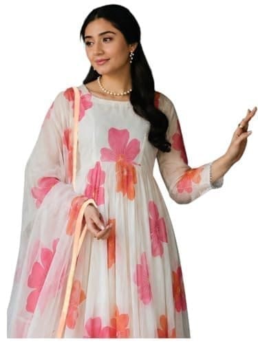 🛒 ANNI Designer Women's Chanderi Cotton Anarkali Printed Kurta with Pant & Dupatta (ANARKALI-WHITE-VKS03_L_White_Large)