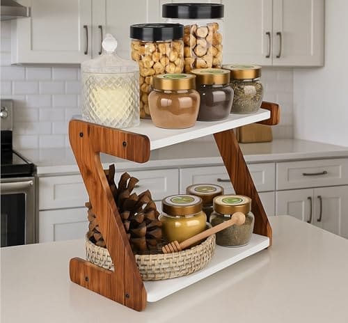 🛒 OXMIC kitchen organizer items and storage, kitchen organiser, kitchen stand, kitchen rack organizer, 2-Tier Wooden Spice Rack Organizer, 33 x 16 x 25 cm, White Shelves