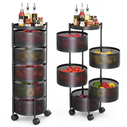 🛒 JD FRESH 360° Rotating Kitchen Trolley with Wheels | 5 Tier Metal Vegetable & Fruit Storage Rack | Multipurpose Rolling Kitchen Organizer Basket Stand for Onion, Potato & Snacks | Round Rack (Black)
