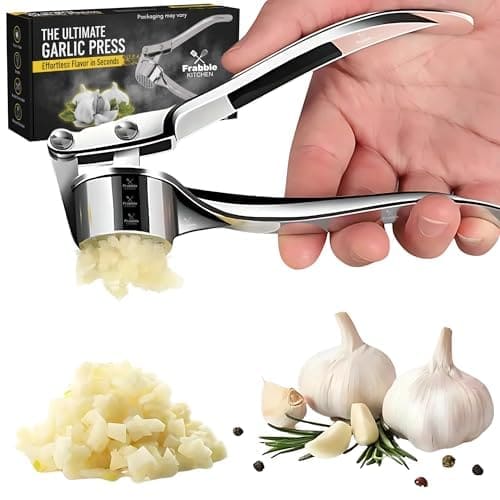 🛒 Frabble Kitchen Stainless Steel Finish Garlic Crusher & Press – All in One Manual Garlic Chopper for Kitchen Use, Masher, Mincer, Cutter - Easy Hand Garlic Peeler Tool - Handheld Lahsun Smasher
