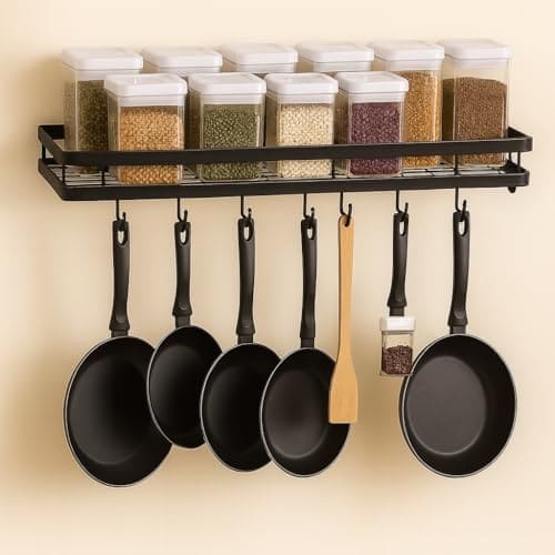 🛒 Craft Mshopr Wall Mounted Kitchen Spice Rack Organizer – Black Iron Hanging Spice Shelf with 7 S-Shaped Hooks for Utensils | Space-Saving Spice Holder (16" L x 5.25" W x 2.5" H) (Pack-1)